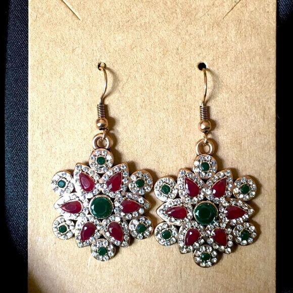 Sparkling Red, Green & Clear Jewel Earrings - Picture 1 of 9